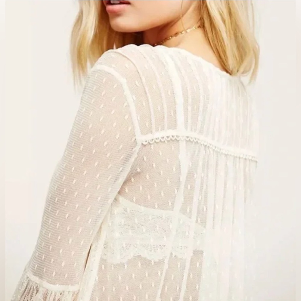 Free People Far Away Lace Blouse Medium Cream Sheer Boho Romantic Top - Picture 8 of 16